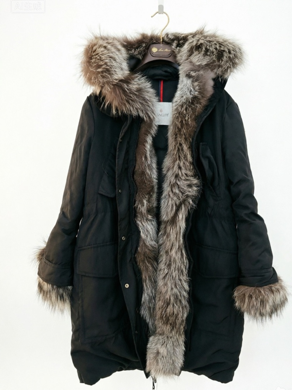 Moncler Black Parka with Brown-Grey Fur Trim